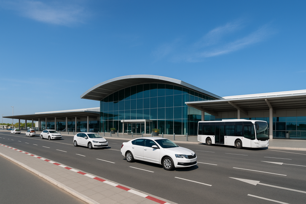 Larnaca International Airport Cyprus - terminal exterior with blue Cyprus sky, airport shuttle bus, rental car pickup lane - image 1