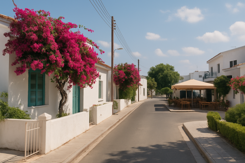 Pernera neighborhood guide Cyprus - quiet residential lane with whitewashed houses and bougainvillea, small square with cafe - image 1