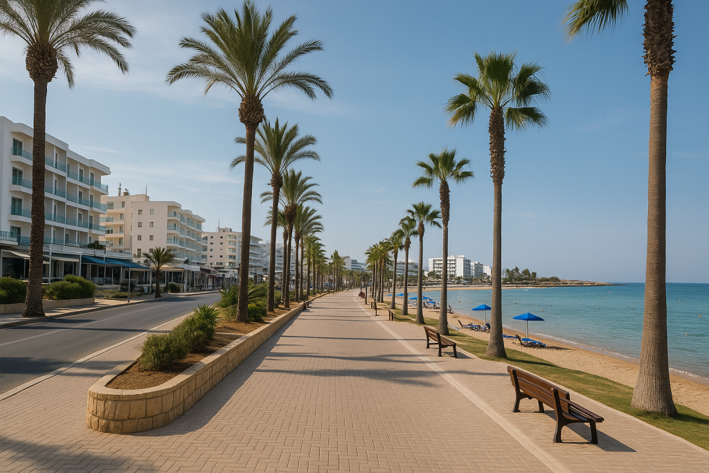 The centre of Protaras Cyprus - main strip of Protaras with palm trees, low-rise hotels, and beachside promenade - image 1