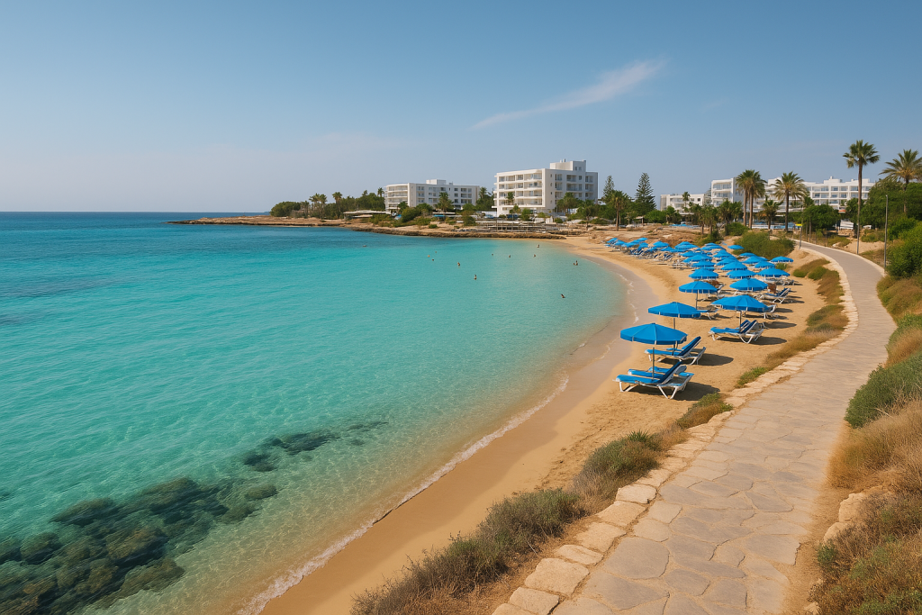 Things to do in Pernera Cyprus - Pernera Beach with turquoise water and umbrellas, coastal paths, small harbour boats - image 1